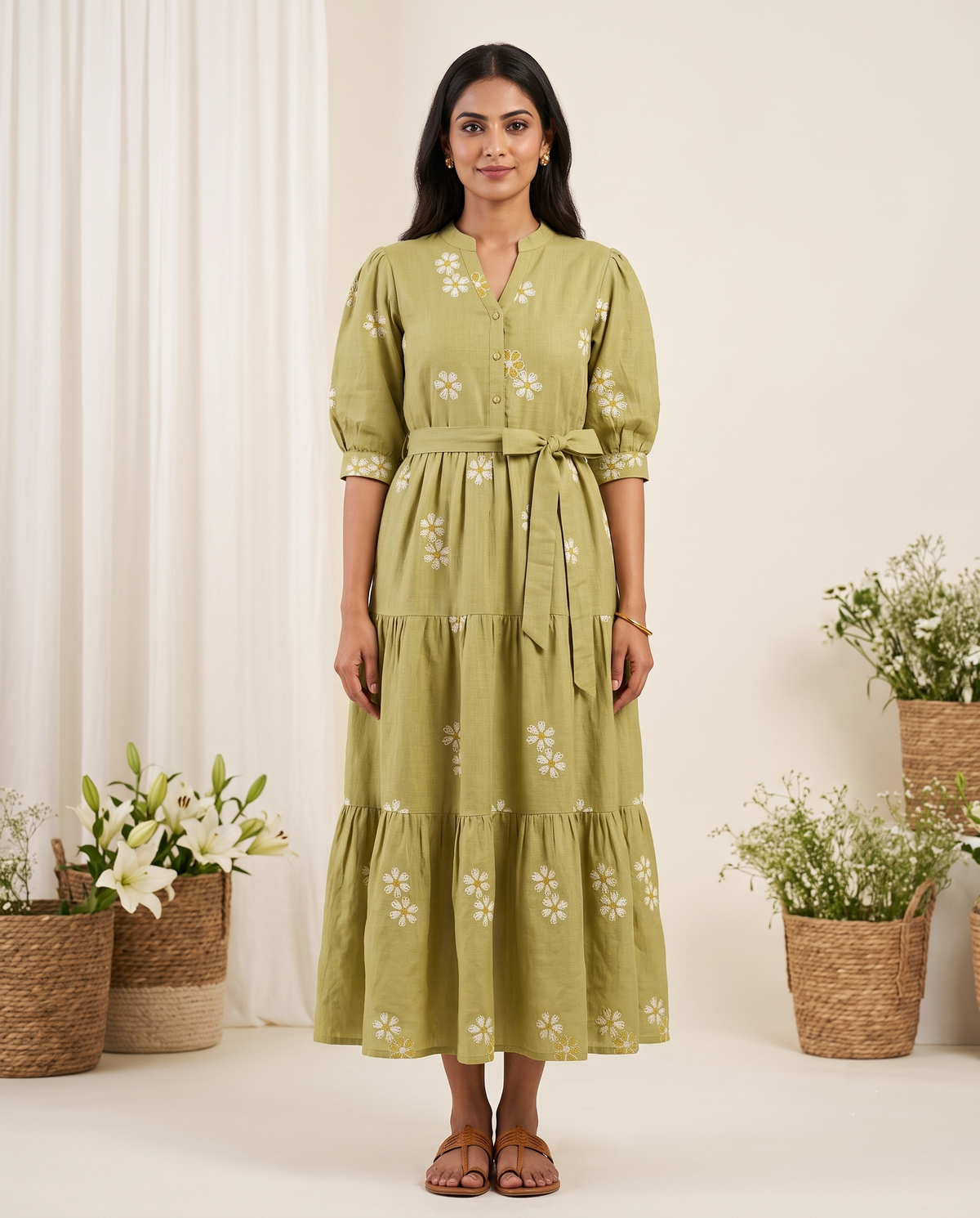Olive Green Floral Embroidery Thread Work Tiered Maxi Frock