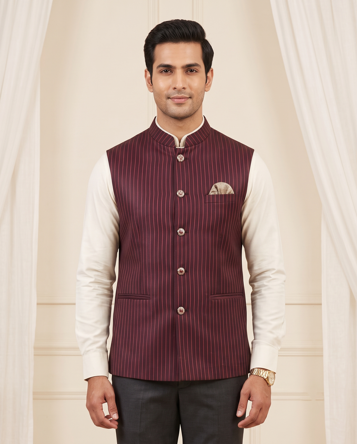 Men's Wine Pinstripe Nehru Jacket | Structured Modi Coat for Men