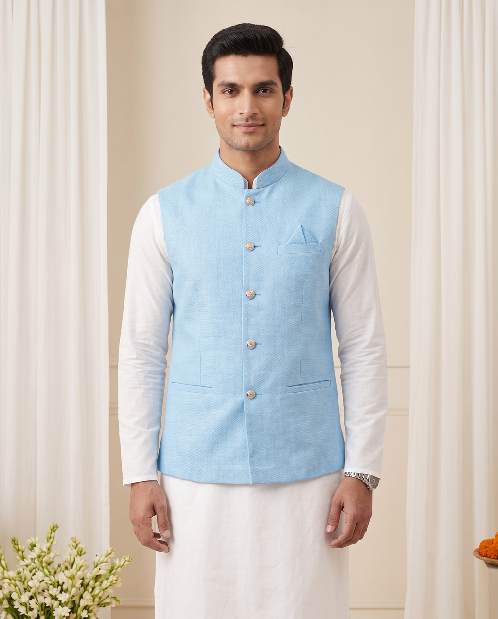 Men's Sky Blue Nehru Jacket (Modi Coat)