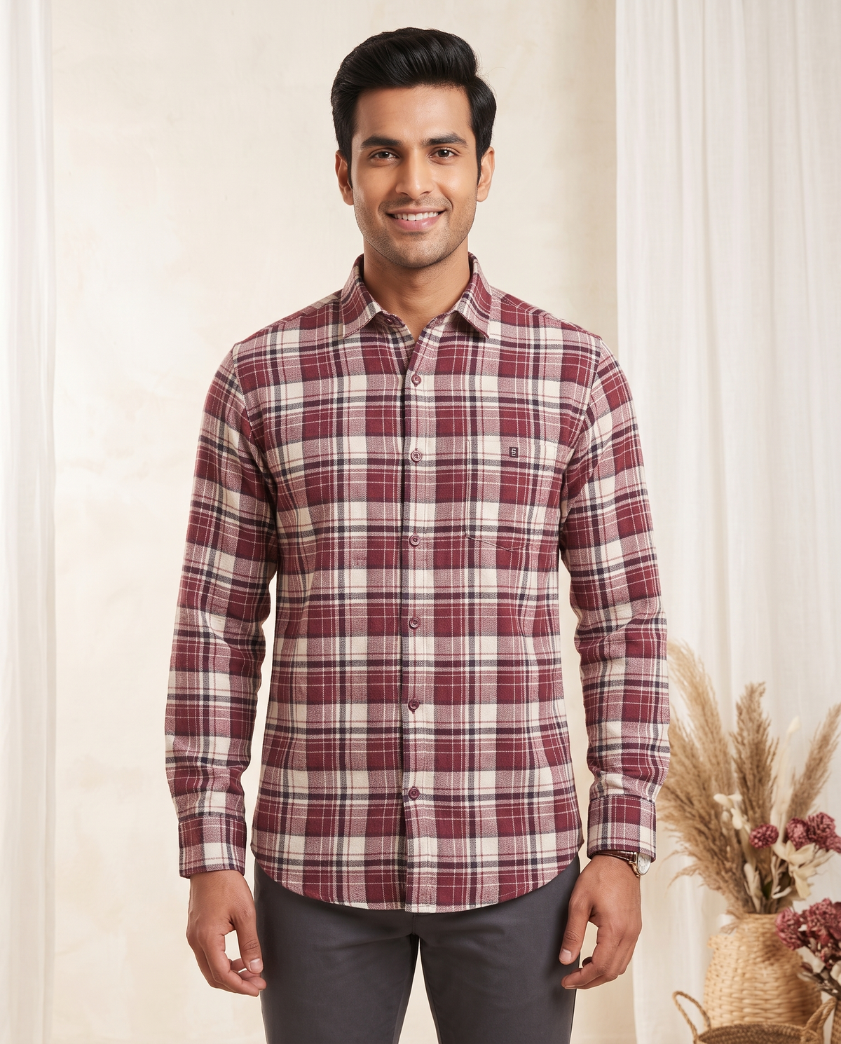 Men's Burgundy Tartan Check Full-Sleeve Shirt