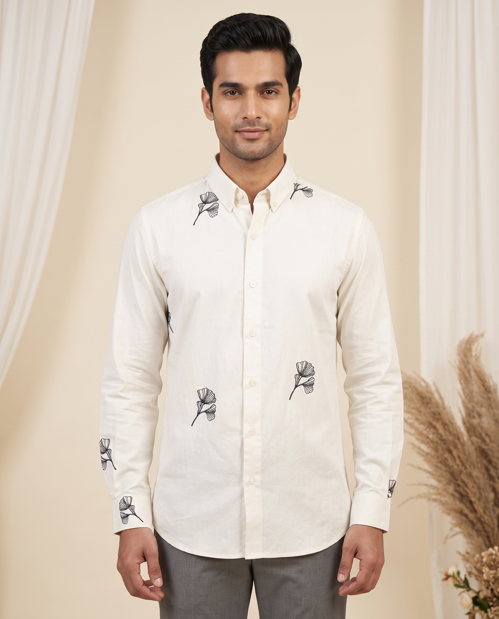 Men's White Ginkgo Embroidered Full-Sleeve Shirt