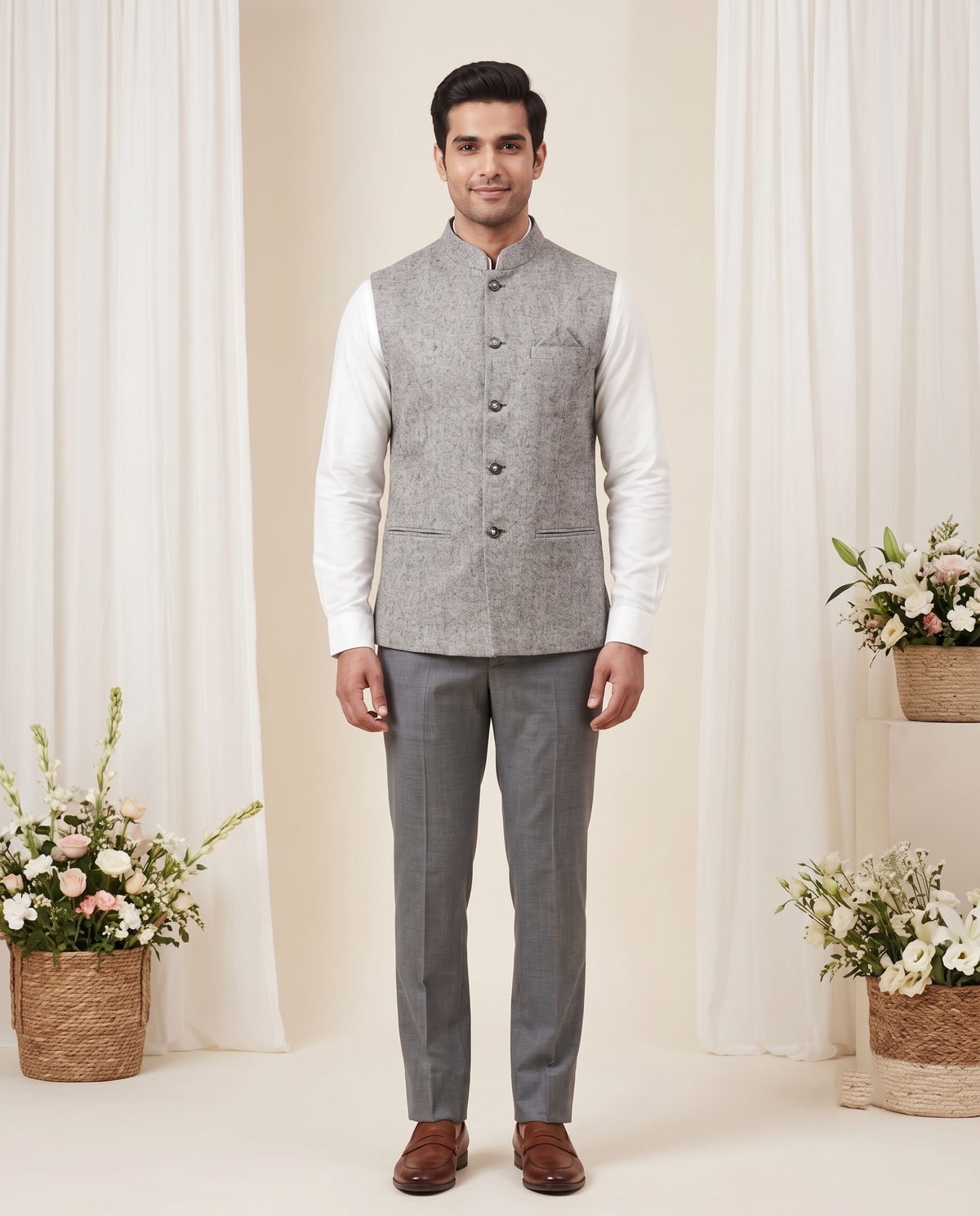 Men's Grey Textured Nehru Jacket (Modi Coat)