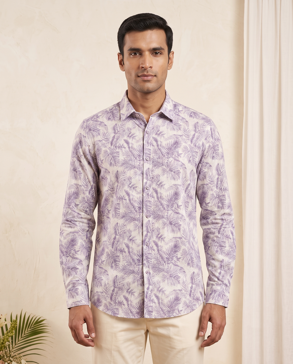 Men's Tropical Palm Leaf Printed Full Sleeve Shirt – Off White