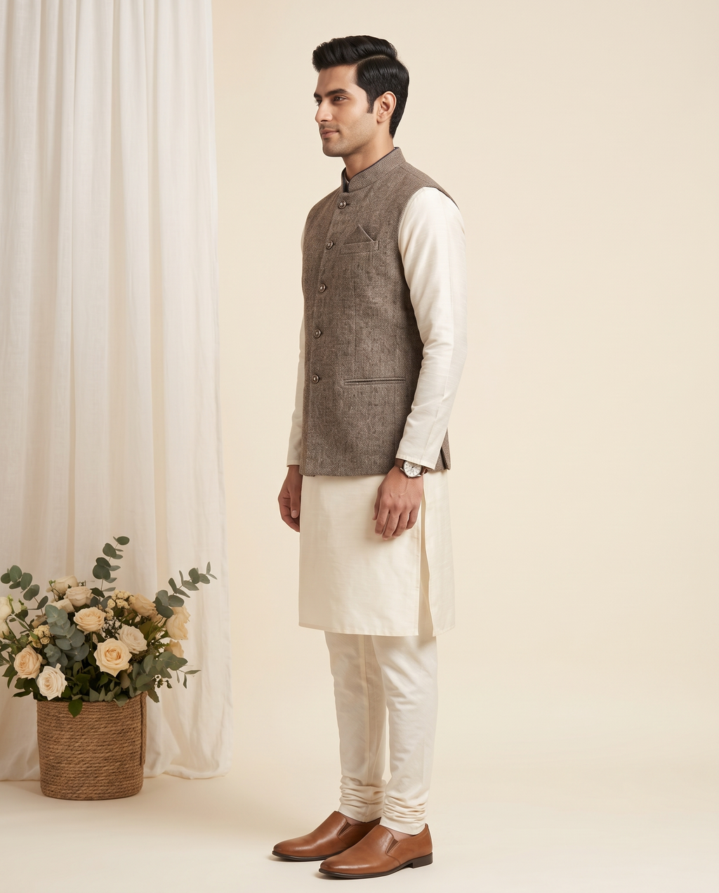 Men's Nehru Jacket (Modi Coat) – Brown Tweed Textured