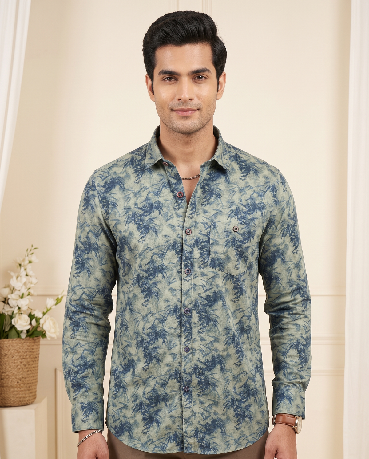Men's Olive Green Tropical Print Full Sleeve Shirt