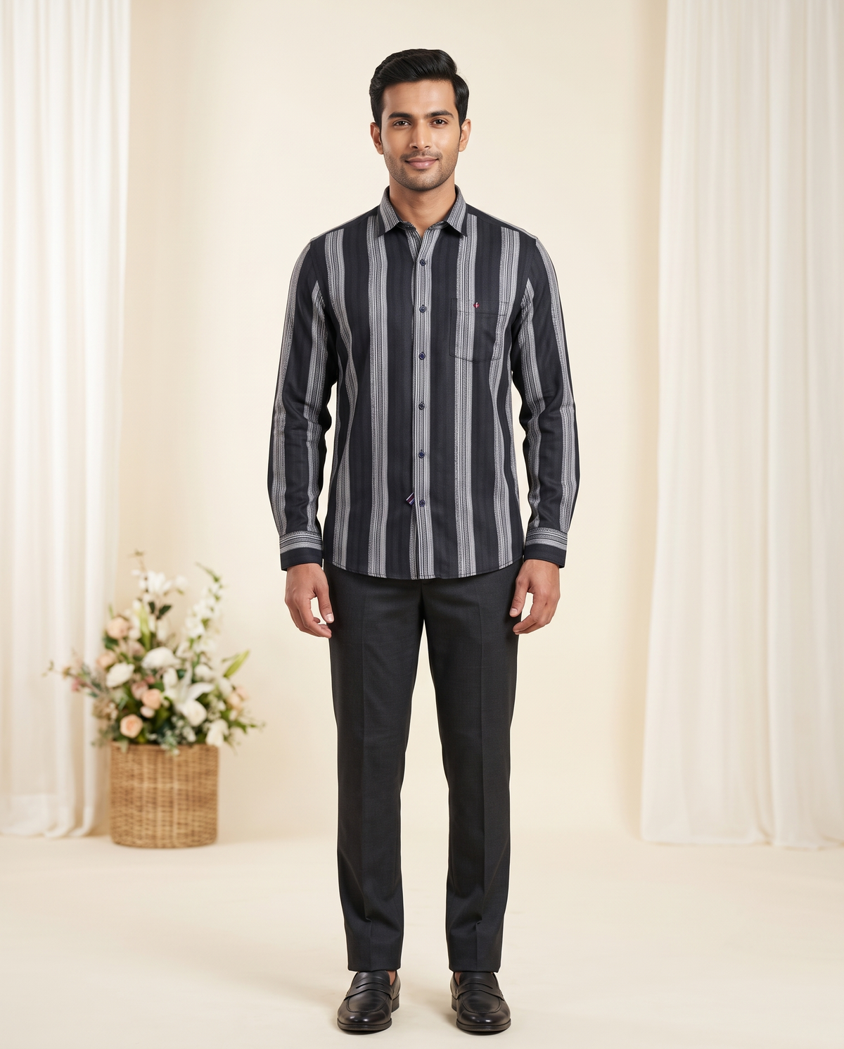 Men's Navy Striped Full-Sleeve Formal Shirt