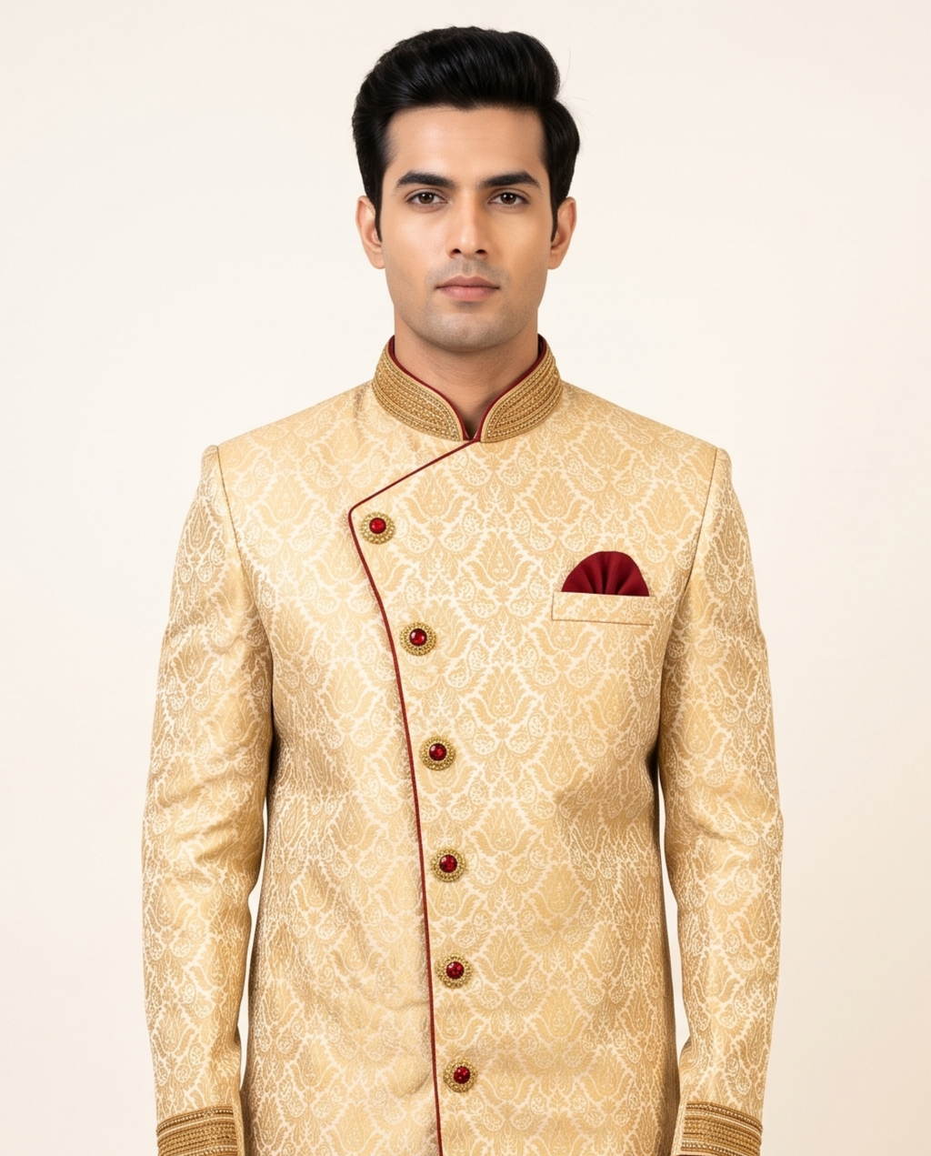 Men's Gold Jacquard Sherwani with Maroon Piping & Embroidered Collar