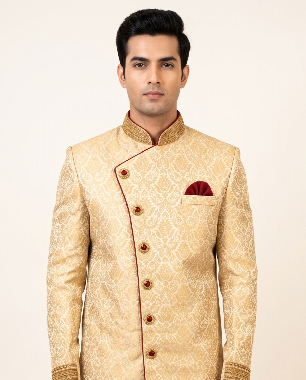 Men's Gold Jacquard Sherwani with Maroon Piping & Embroidered Collar