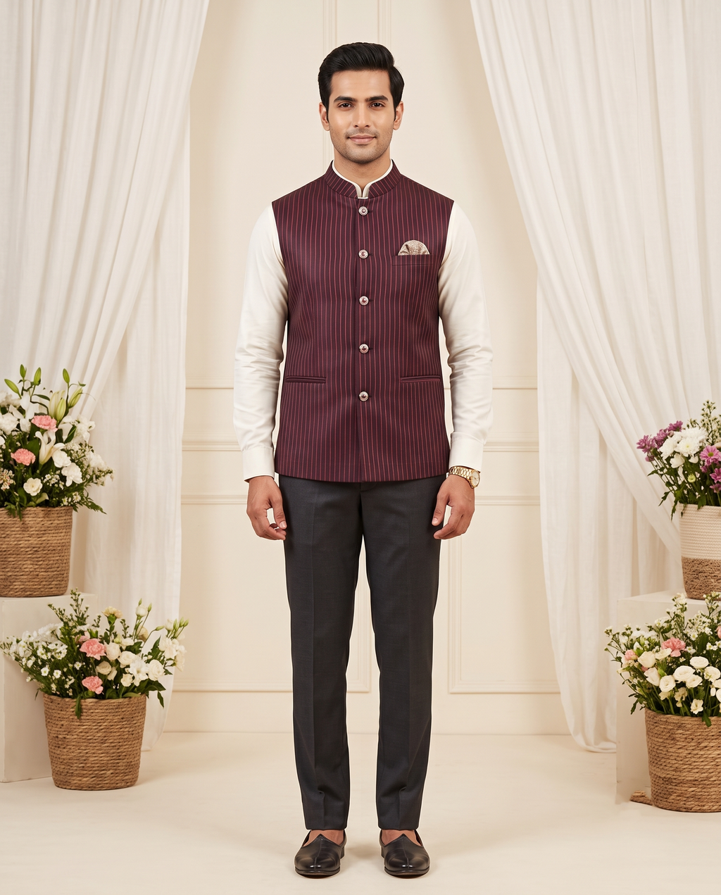 Men's Wine Pinstripe Nehru Jacket | Structured Modi Coat for Men