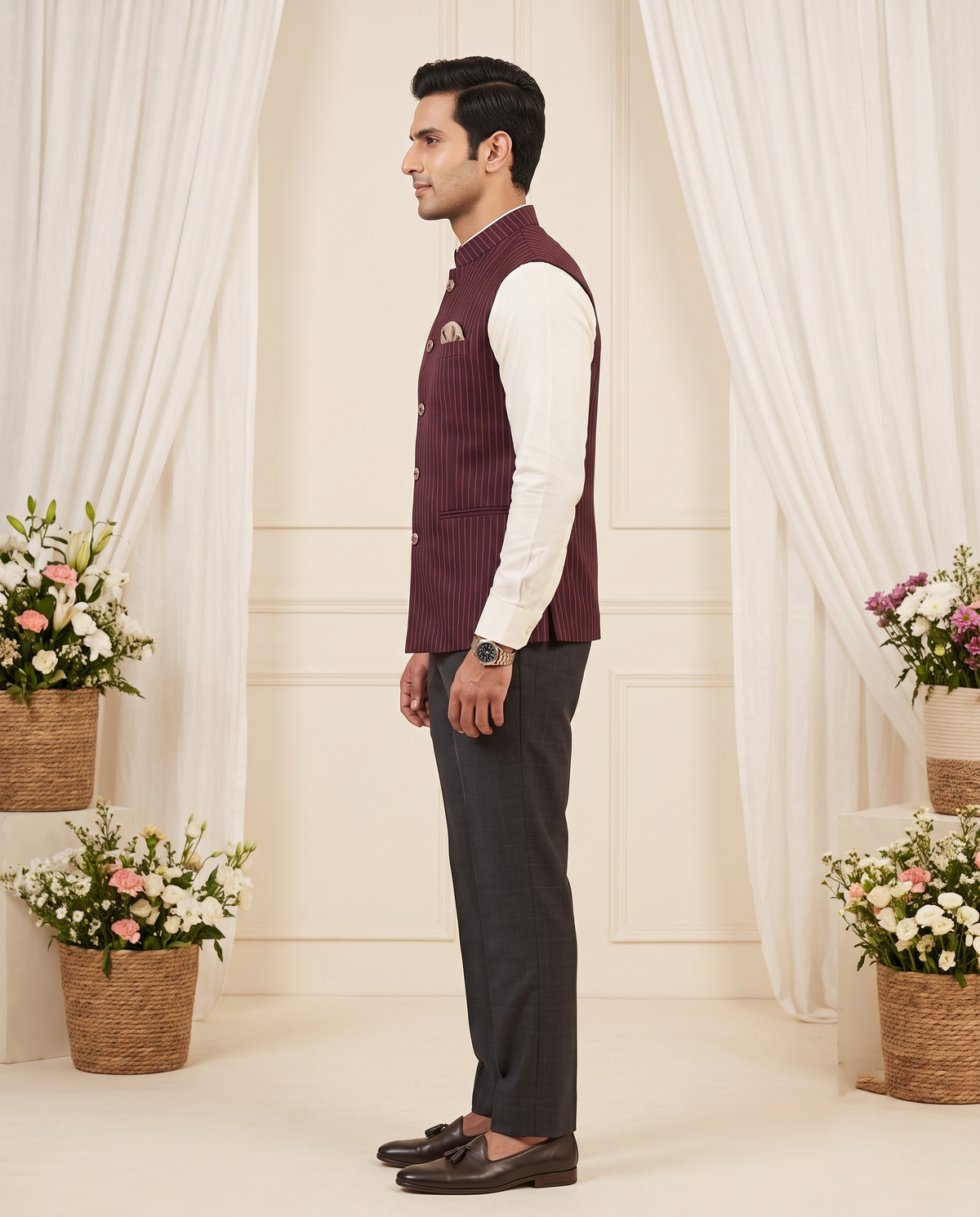 Men's Wine Pinstripe Nehru Jacket | Structured Modi Coat for Men
