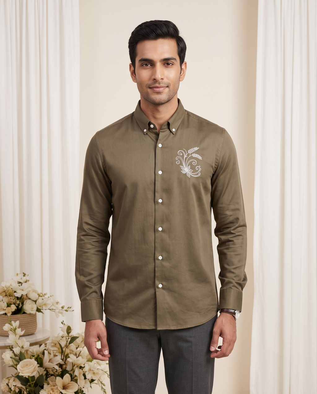 Men's Olive Embroidered Linen Full-Sleeve Shirt