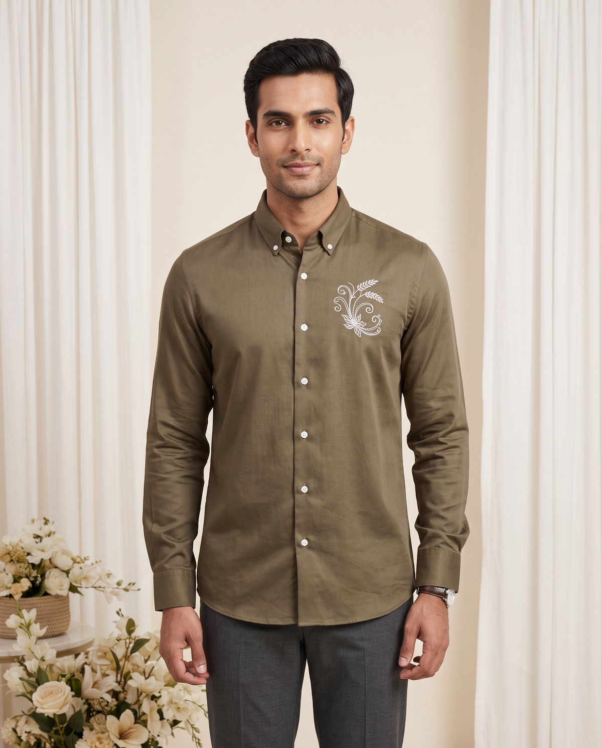 Men's Olive Embroidered Linen Full-Sleeve Shirt