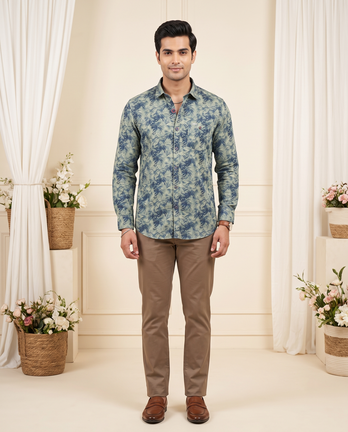Men's Olive Green Tropical Print Full Sleeve Shirt