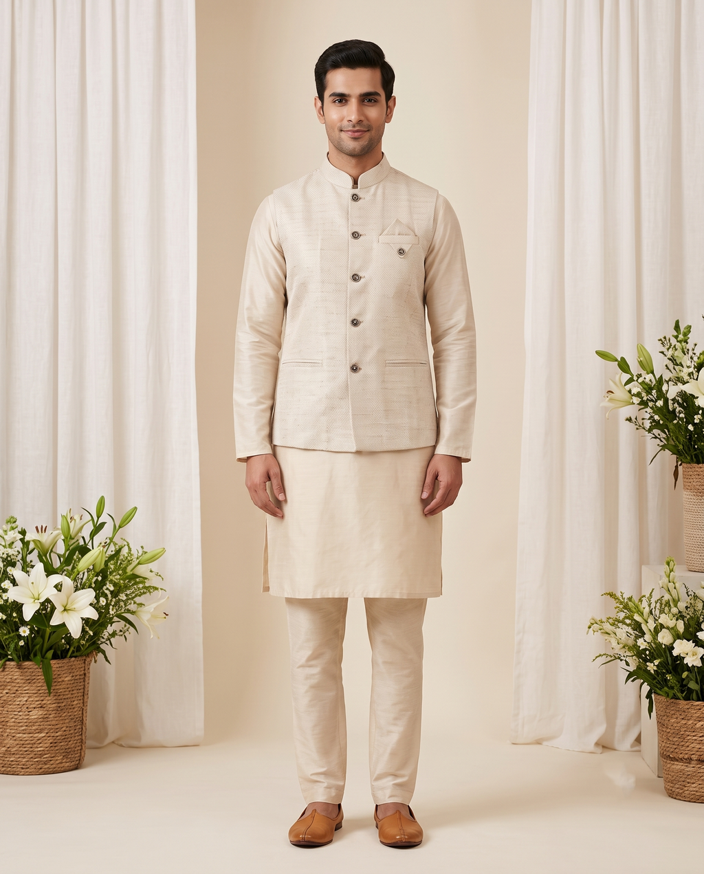 Men's Cream Textured Nehru Jacket | Men's Ethnic Modi Coat