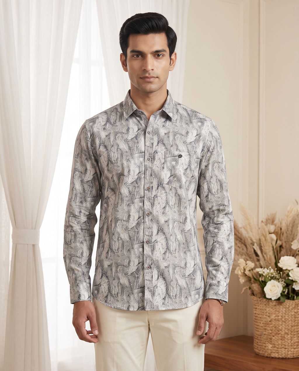 Men's Grey Crane Print Full-Sleeve Shirt