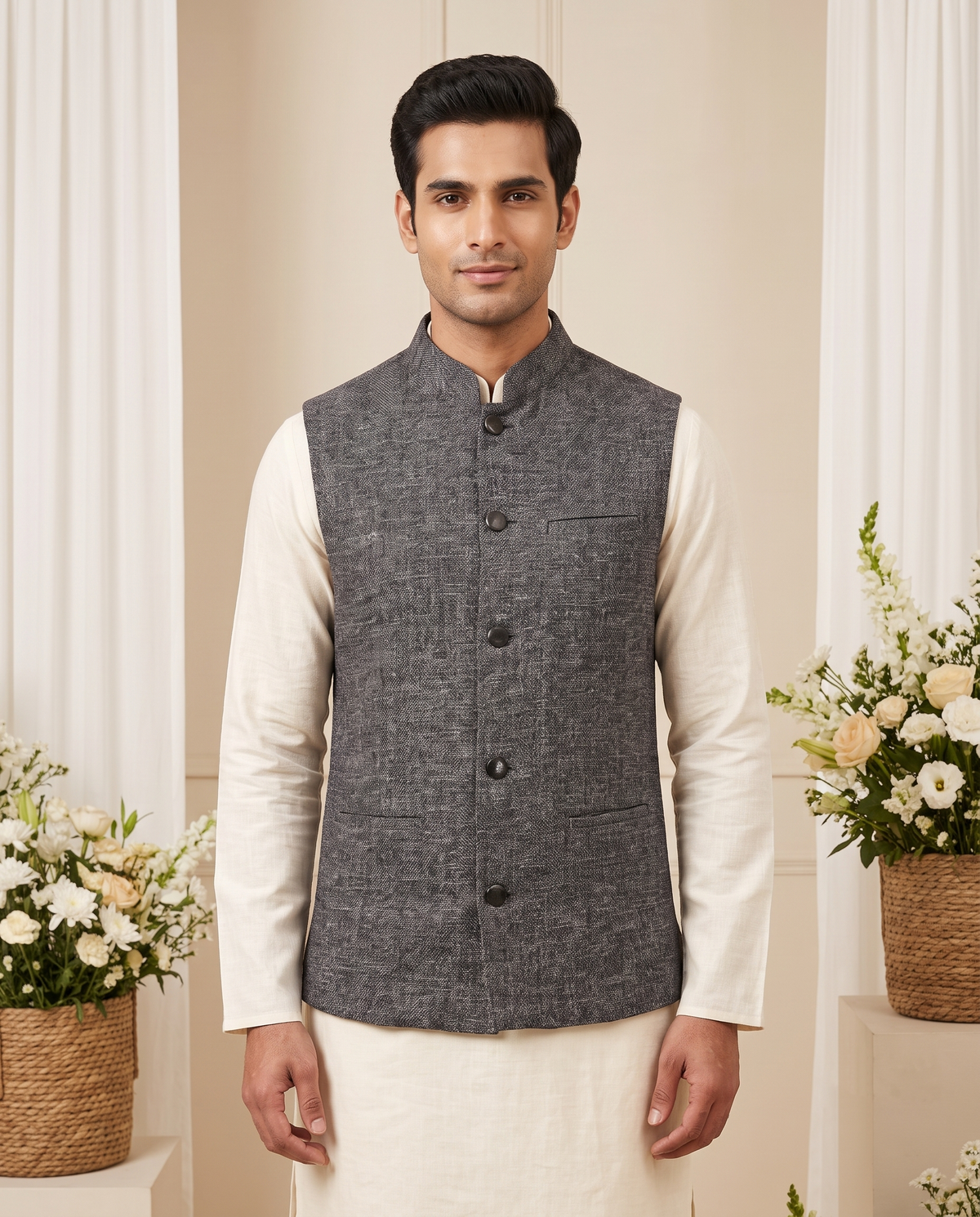 Men's Nehru Jacket (Modi Coat) – Grey Textured Linen Blend