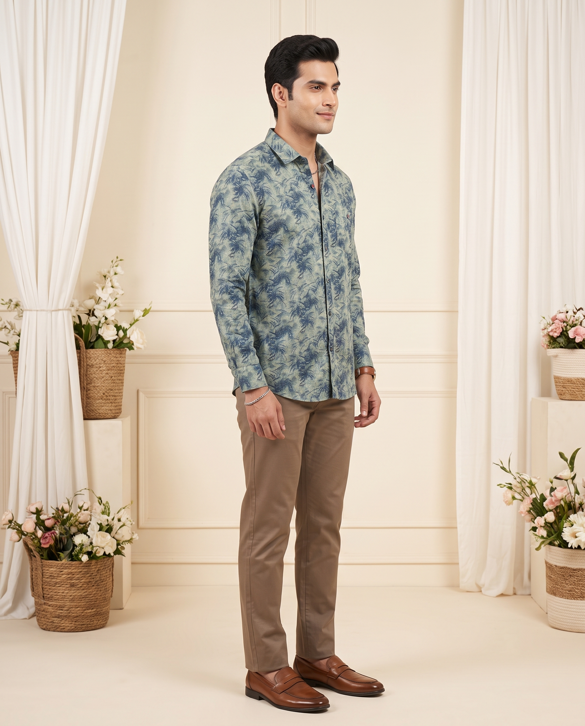 Men's Olive Green Tropical Print Full Sleeve Shirt