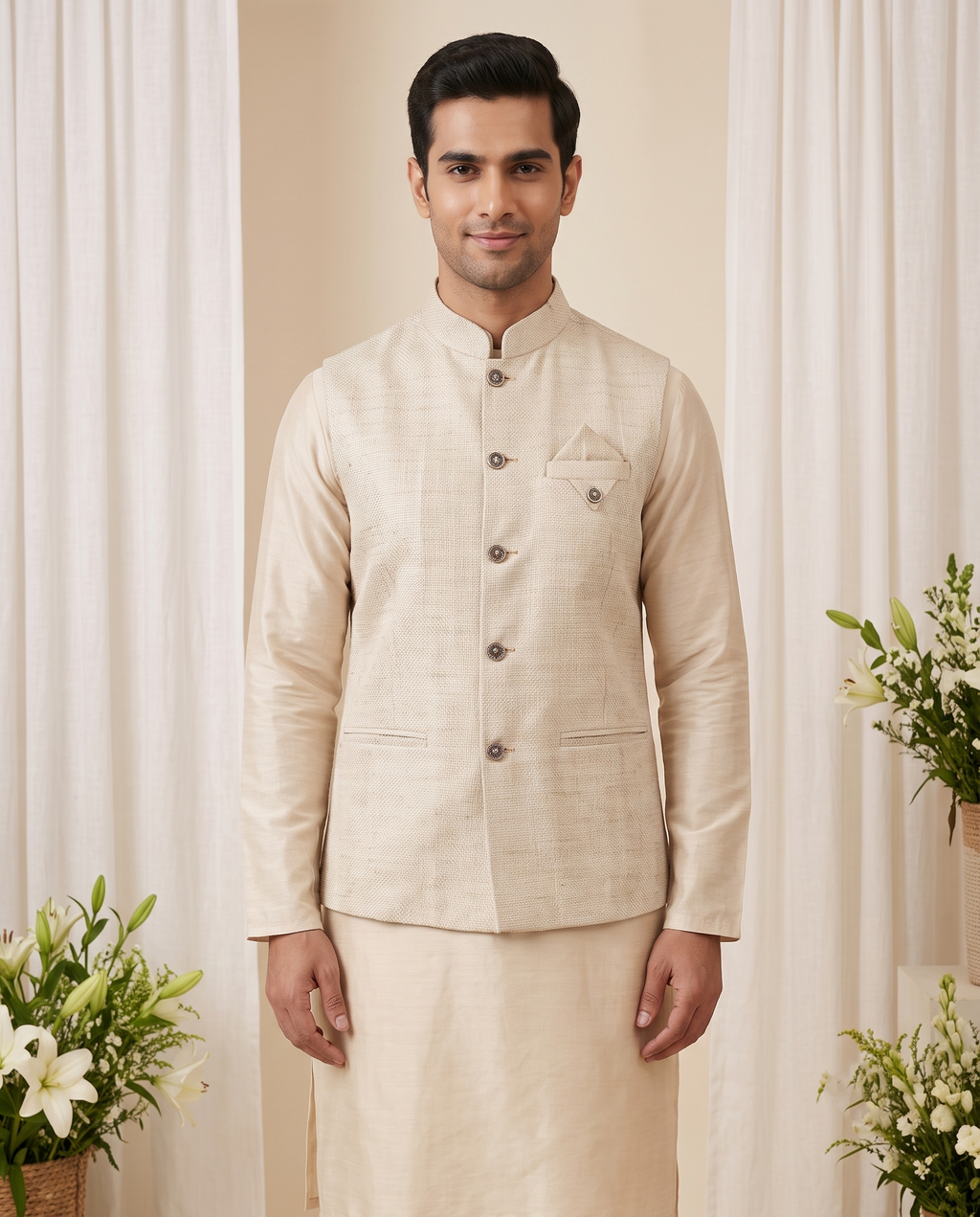 Men's Cream Textured Nehru Jacket | Men's Ethnic Modi Coat