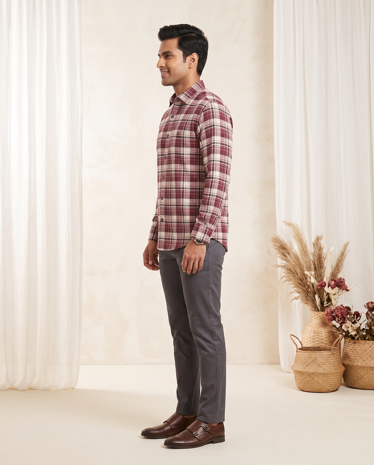 Men's Burgundy Tartan Check Full-Sleeve Shirt