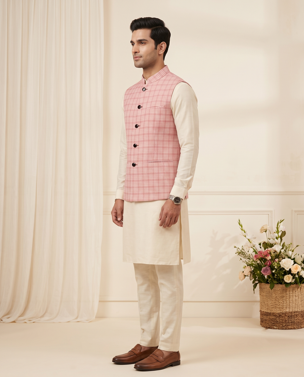 Men's Pink Textured Nehru Jacket (Modi Coat)
