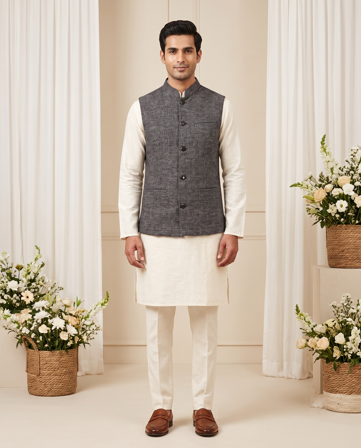 Men's Nehru Jacket (Modi Coat) – Grey Textured Linen Blend