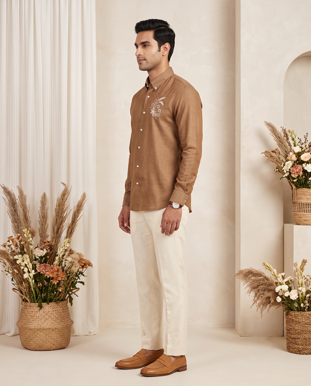 Men's Camel Brown Embroidered Linen Shirt