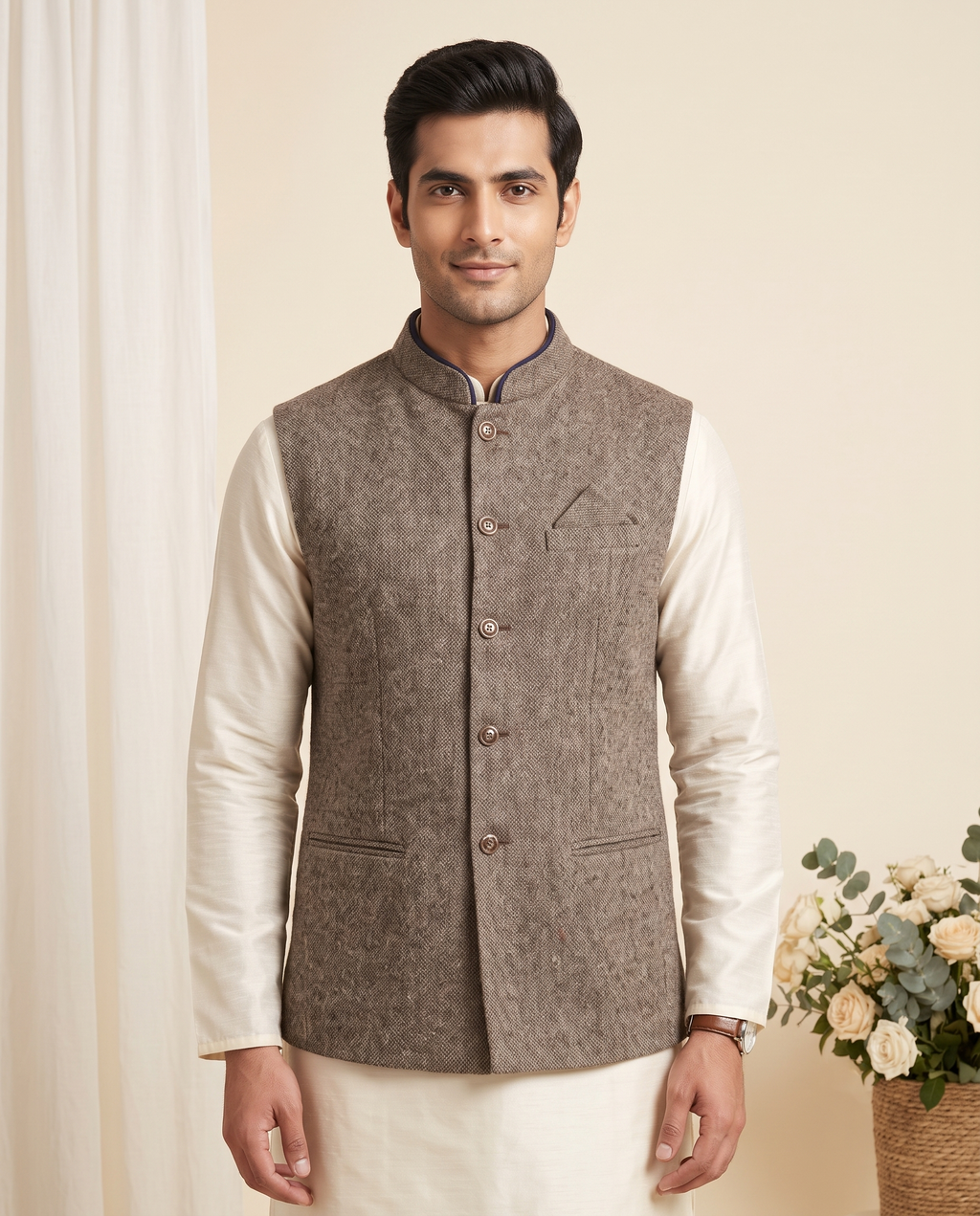 Men's Nehru Jacket (Modi Coat) – Brown Tweed Textured