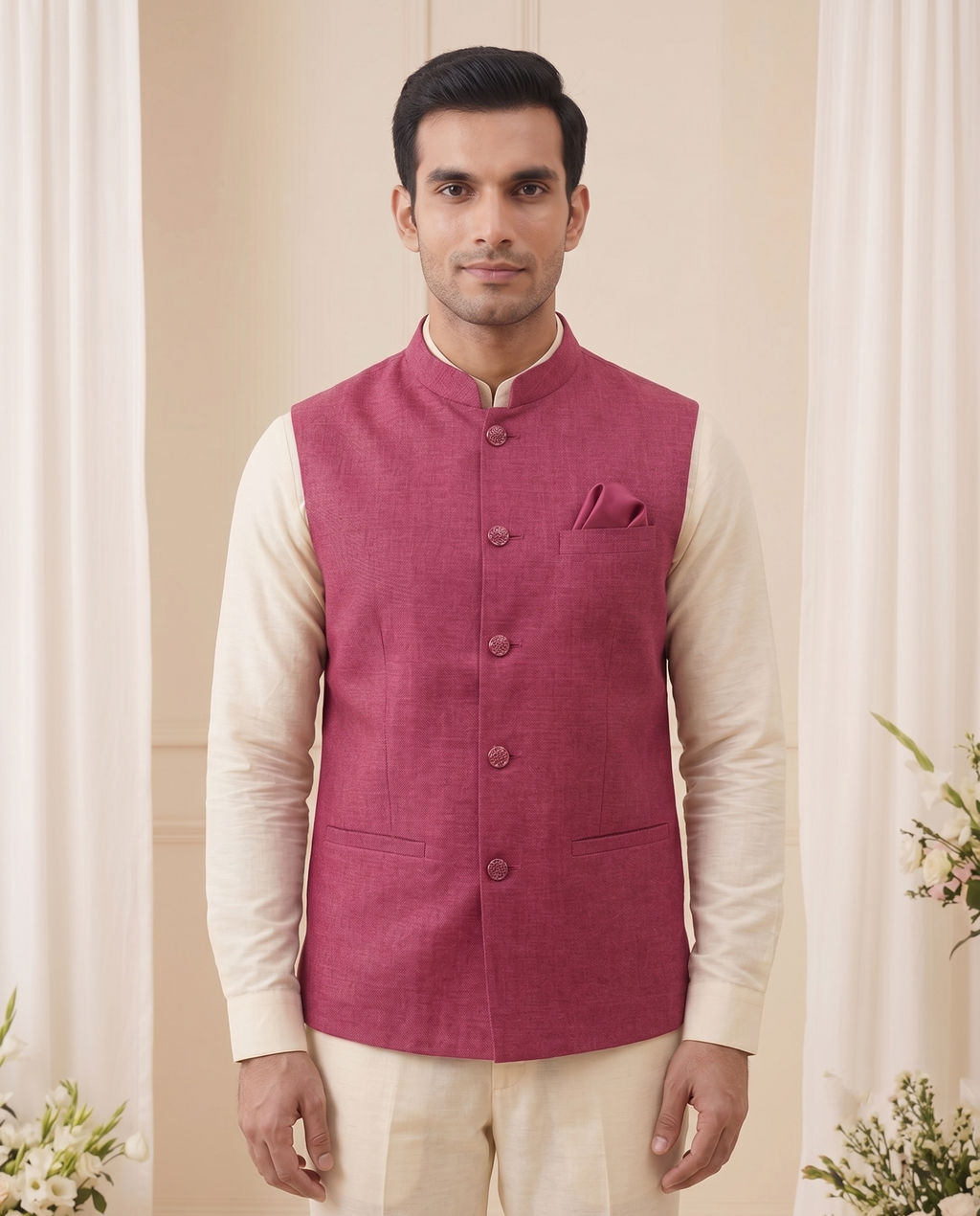 Men's Crimson Silk Blend Nehru Jacket | Modi Coat for Men