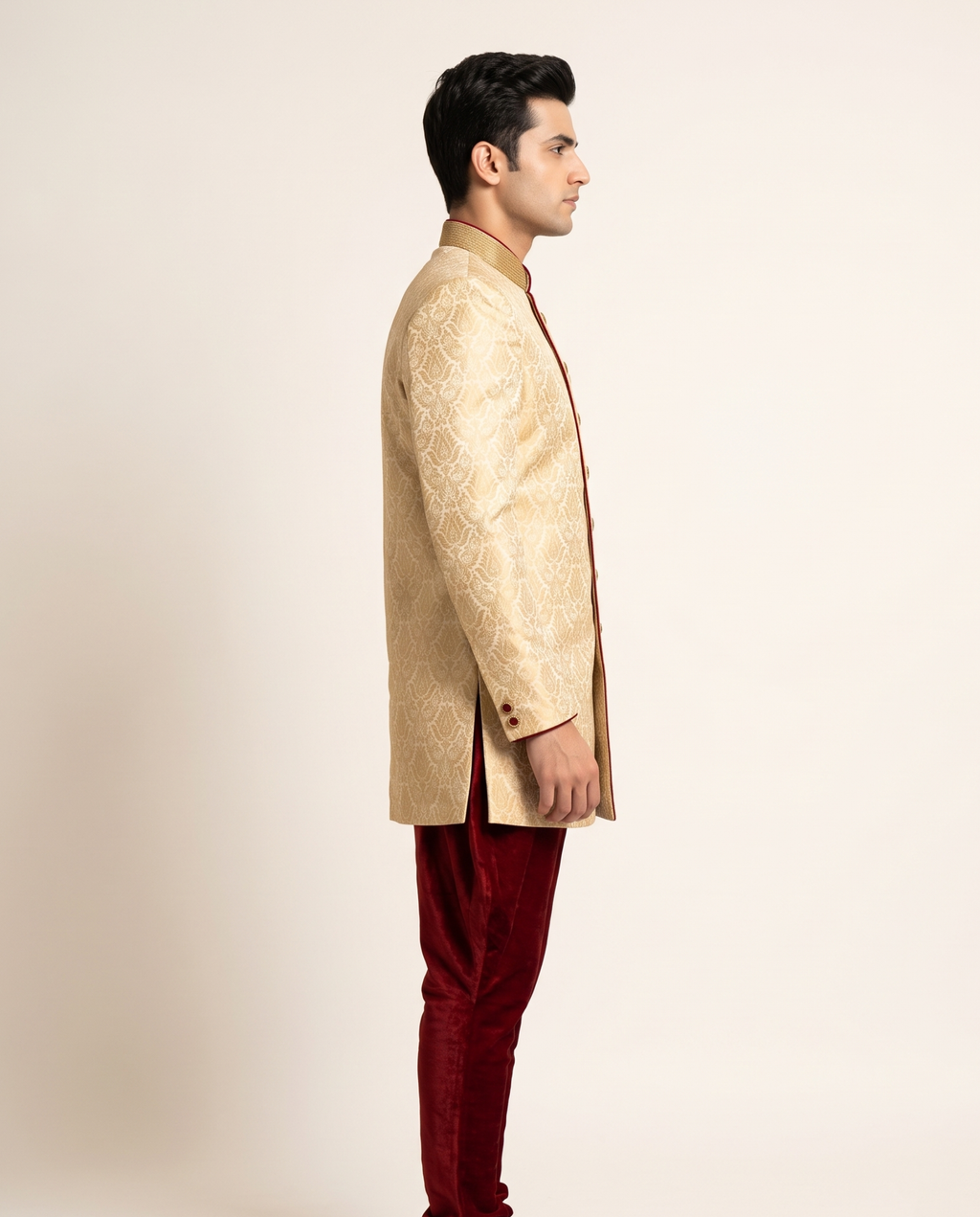 Men's Gold Jacquard Sherwani with Maroon Piping & Embroidered Collar