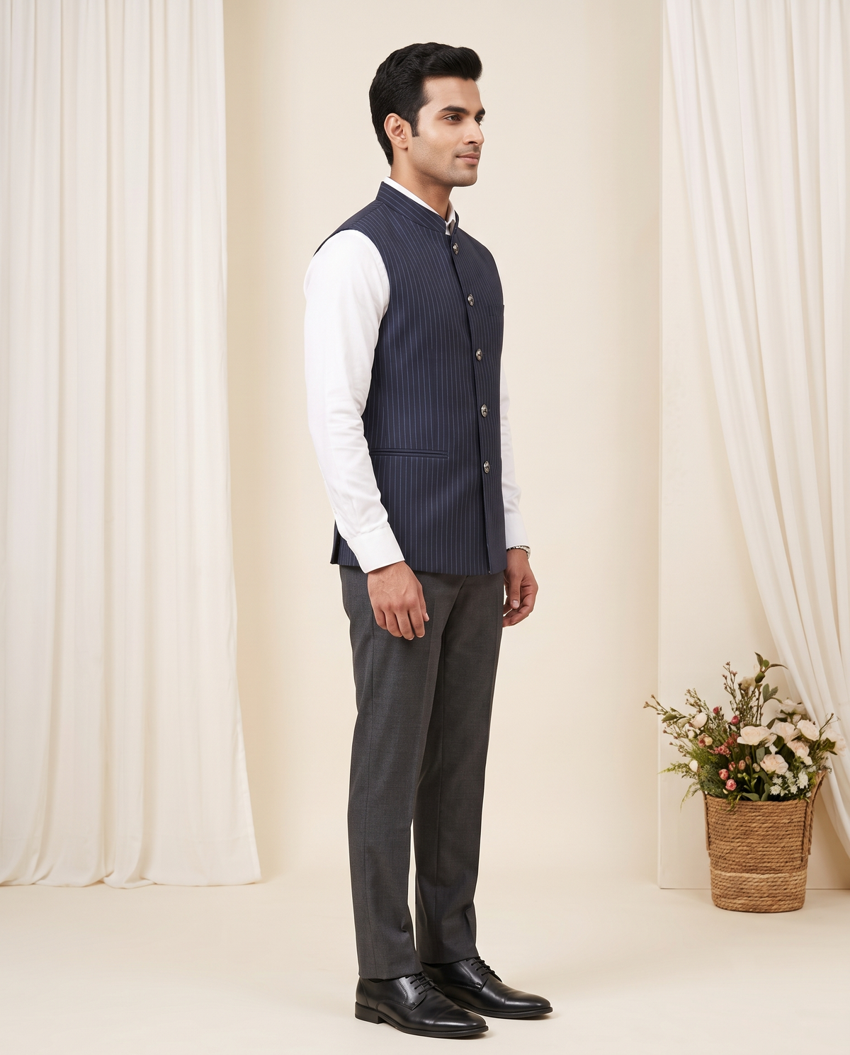 Men's Navy Blue Pinstripe Nehru Jacket (Modi Coat)