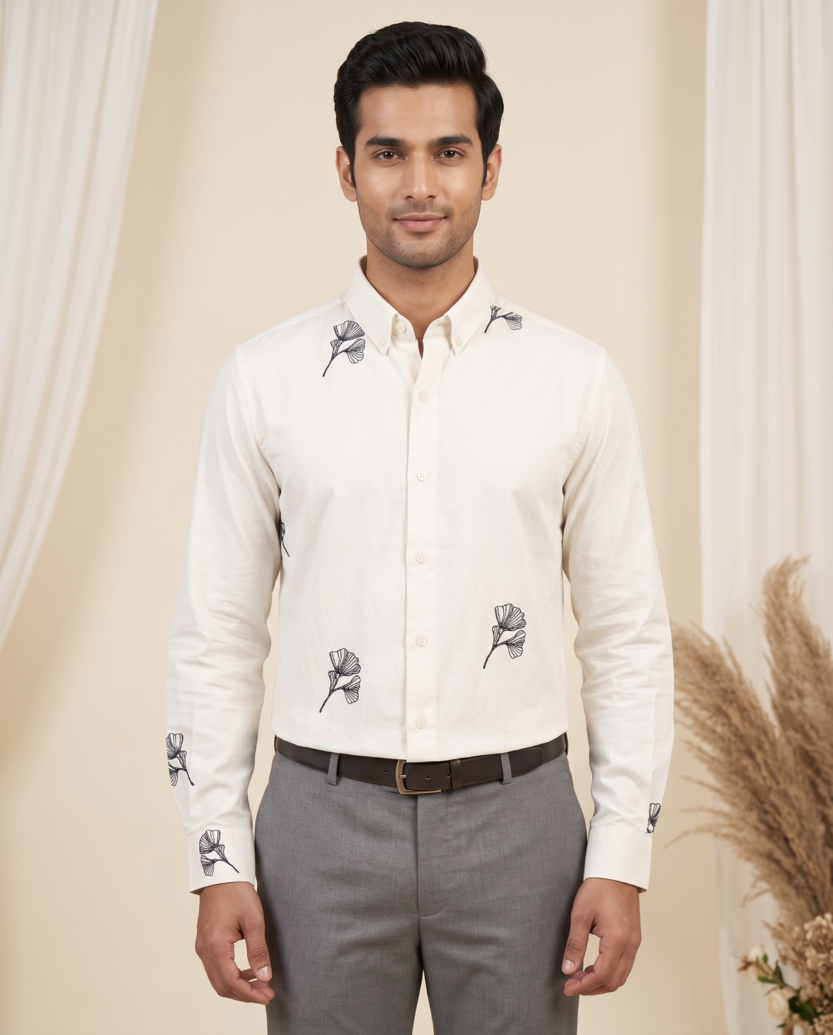 Men's White Ginkgo Embroidered Full-Sleeve Shirt