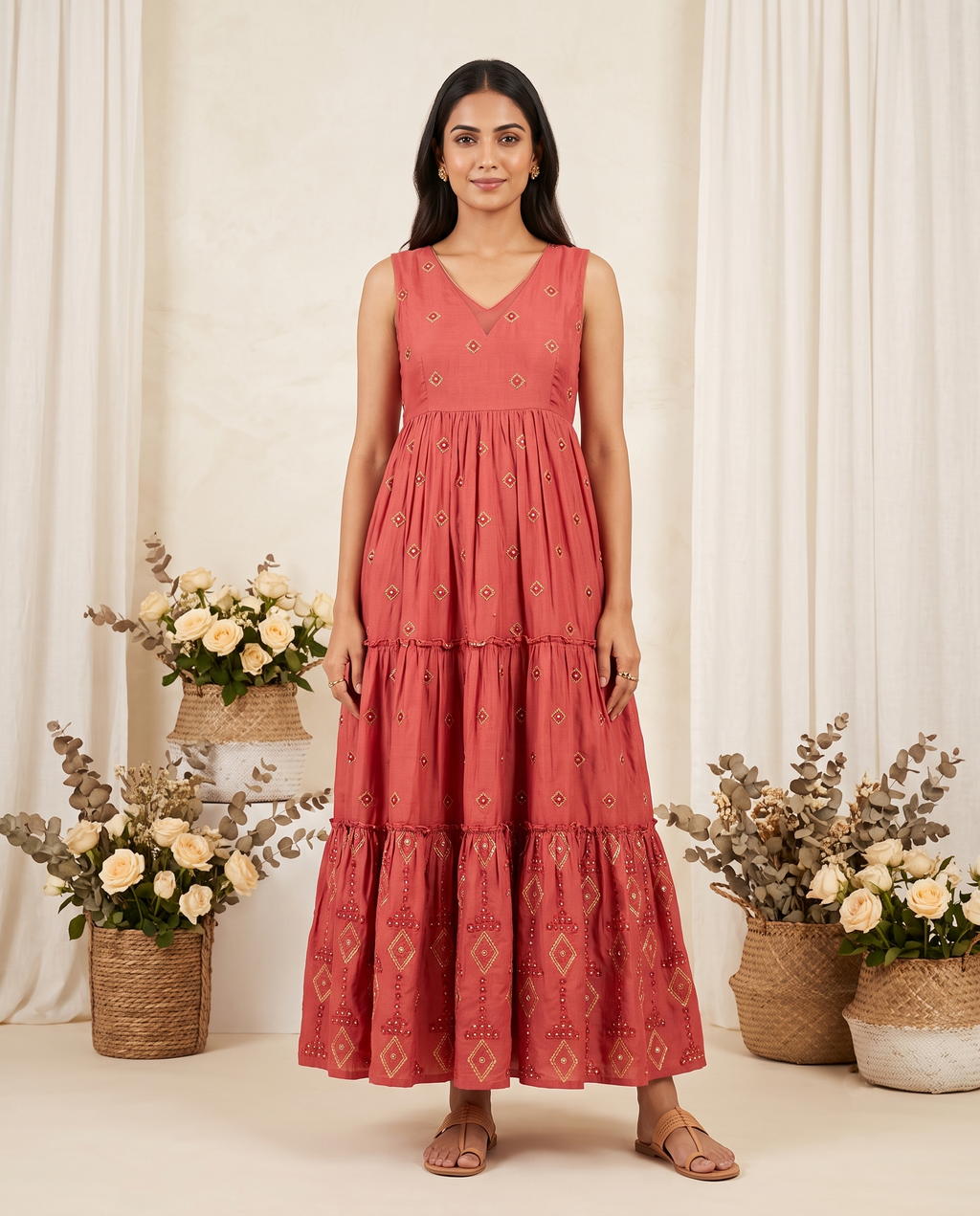 Zola Terracotta Embroidered Tiered Maxi Dress