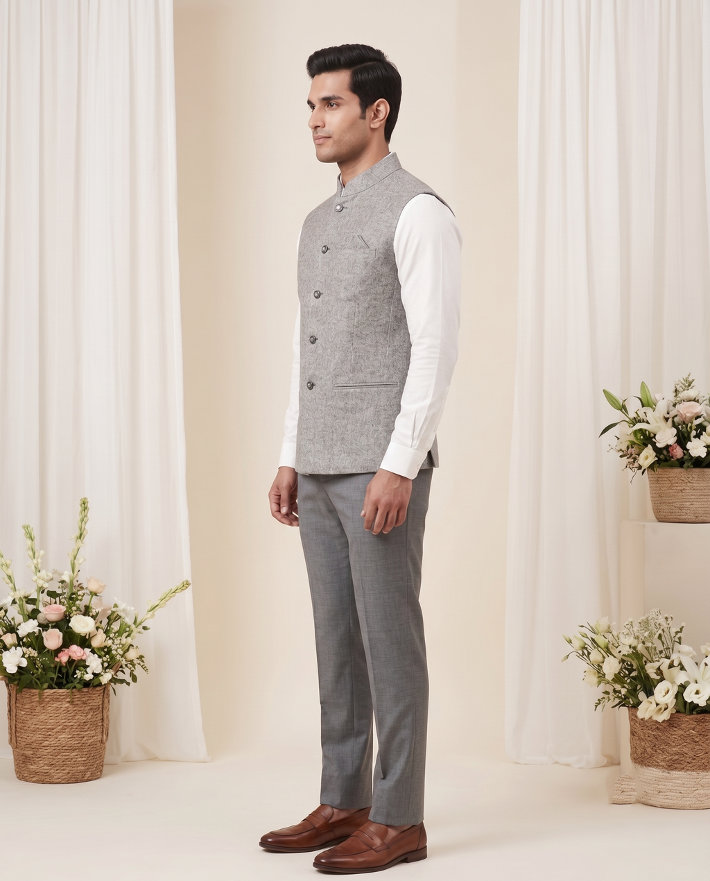 Men's Grey Textured Nehru Jacket (Modi Coat)