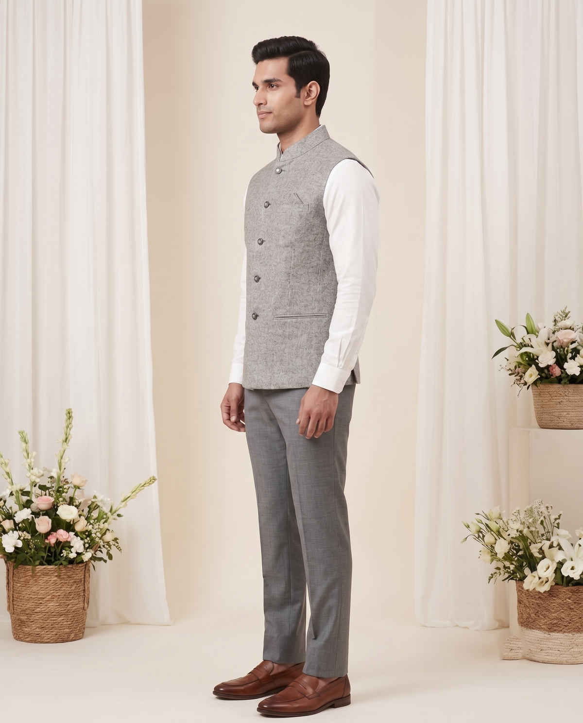 Men's Grey Textured Nehru Jacket (Modi Coat)