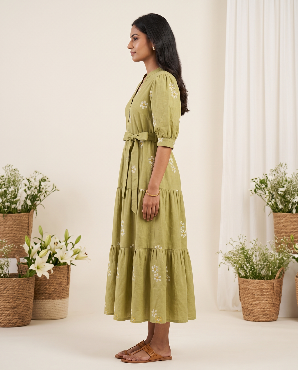Olive Green Floral Embroidery Thread Work Tiered Maxi Frock