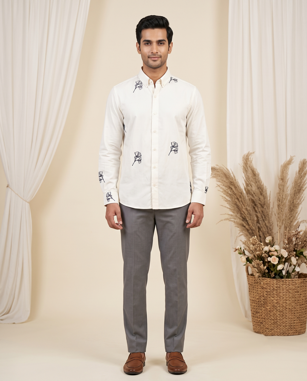 Men's White Ginkgo Embroidered Full-Sleeve Shirt