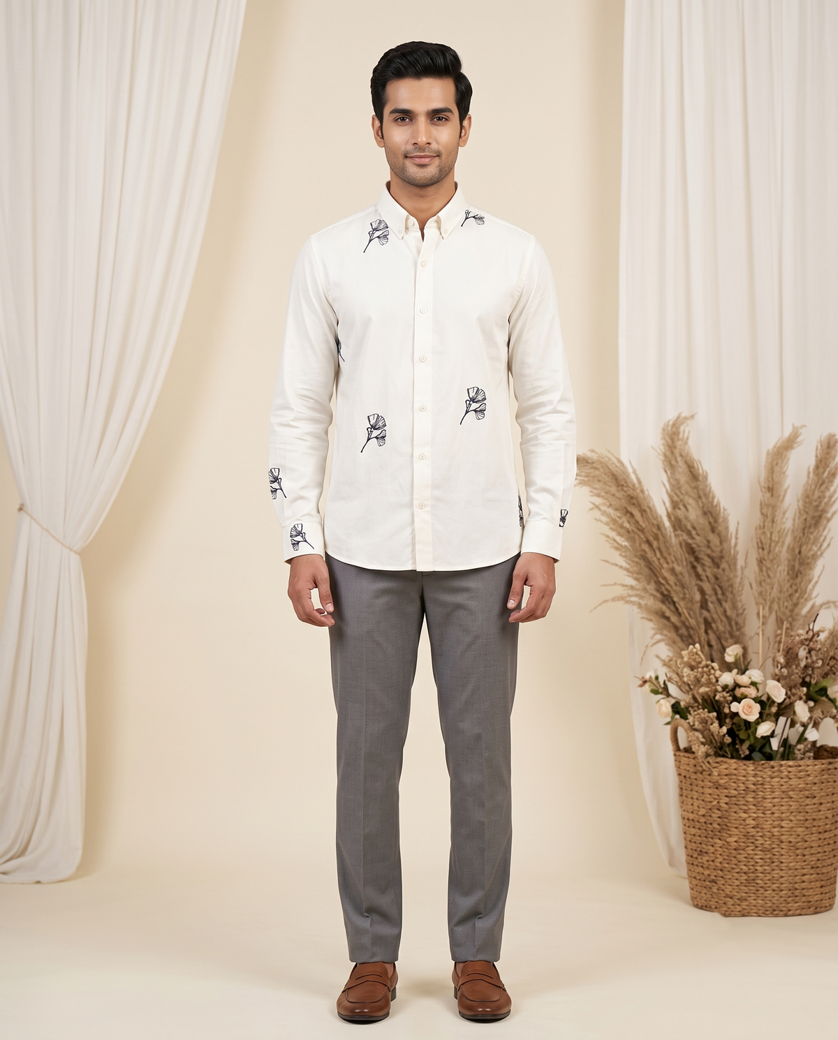 Men's White Ginkgo Embroidered Full-Sleeve Shirt