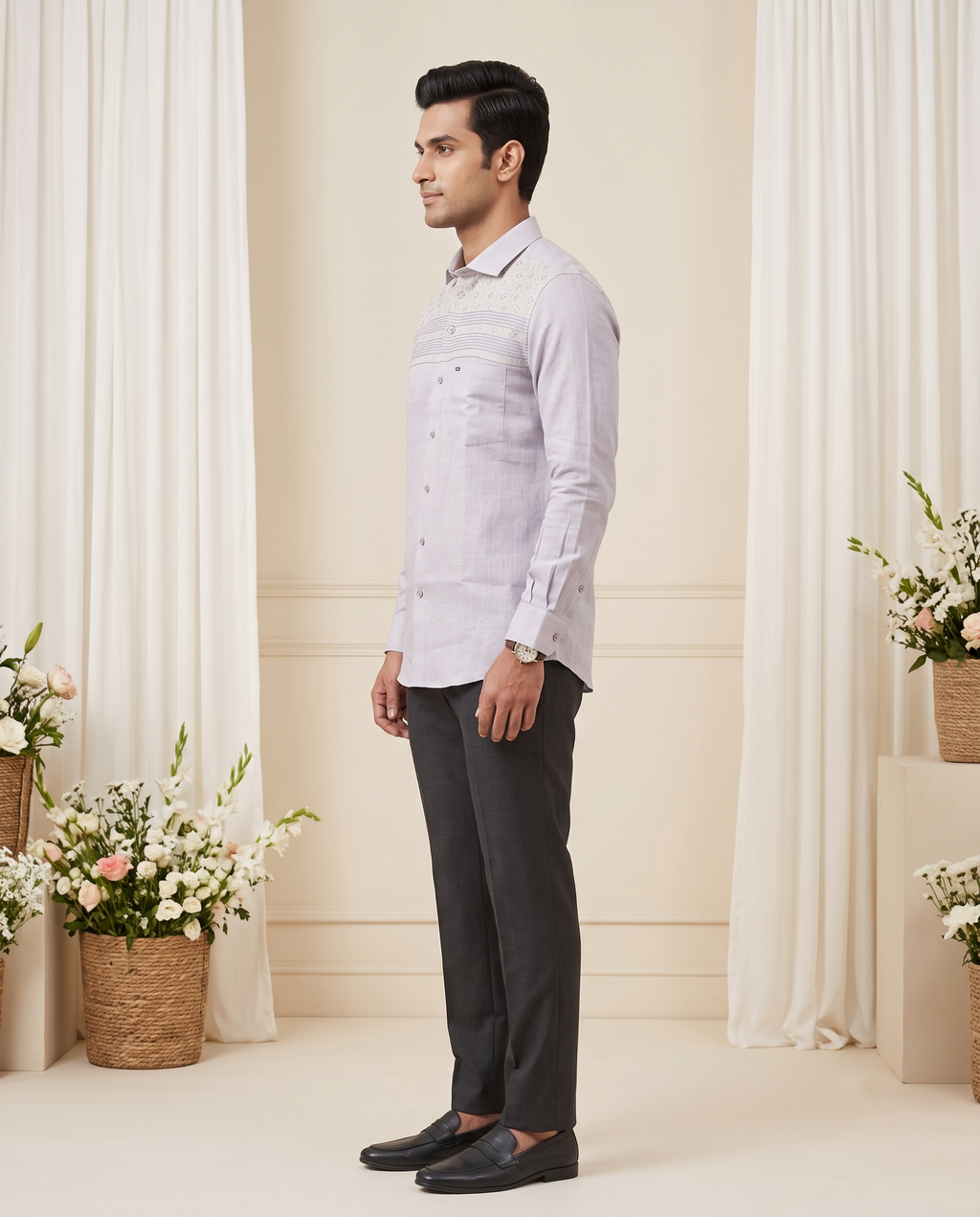 Men's Grey Embroidered Pintuck Formal Shirt
