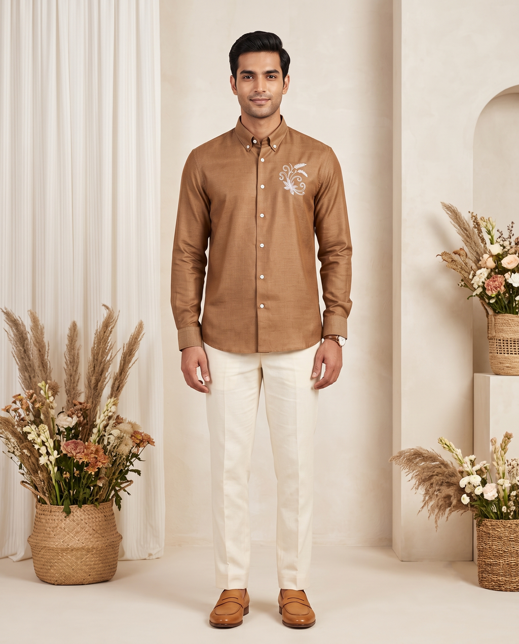 Men's Camel Brown Embroidered Linen Shirt