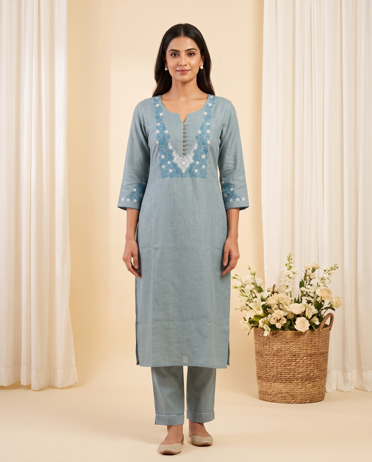 Steel Blue Embroidered Straight Kurta With Pant Set