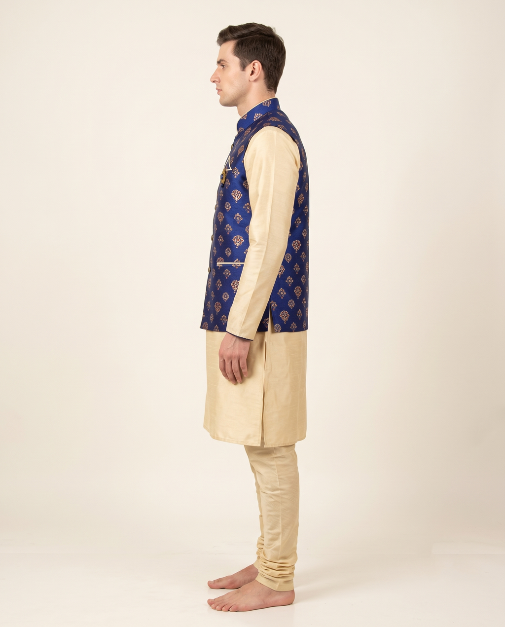 Men's Royal Blue Booti Printed Nehru Jacket & Cream Kurta Set