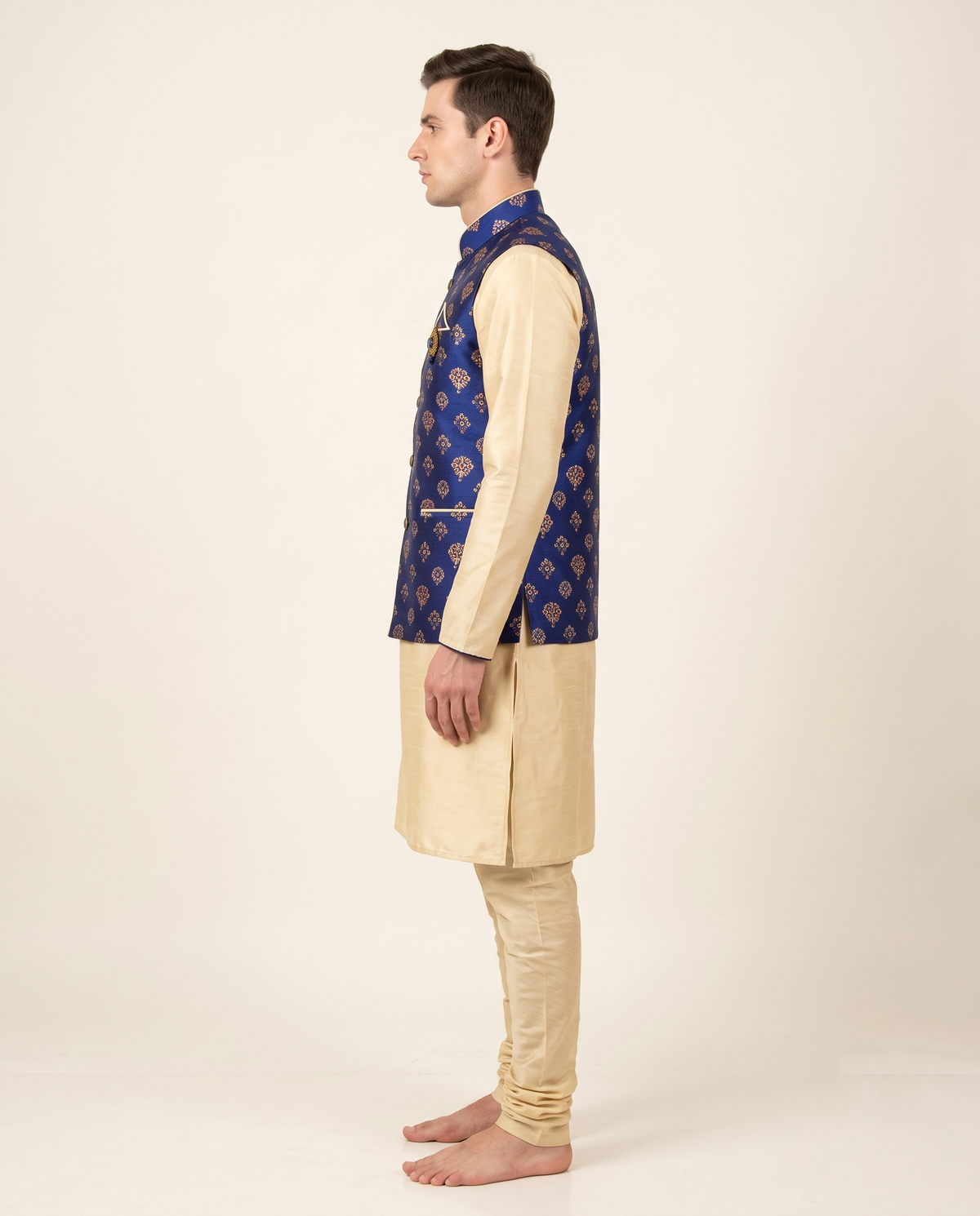 Men's Royal Blue Booti Printed Nehru Jacket & Cream Kurta Set