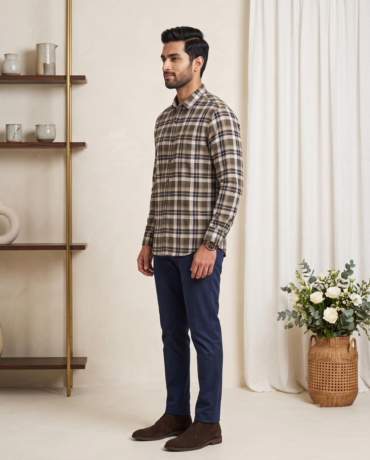 Men's Olive & Navy Plaid Full-Sleeve Shirt