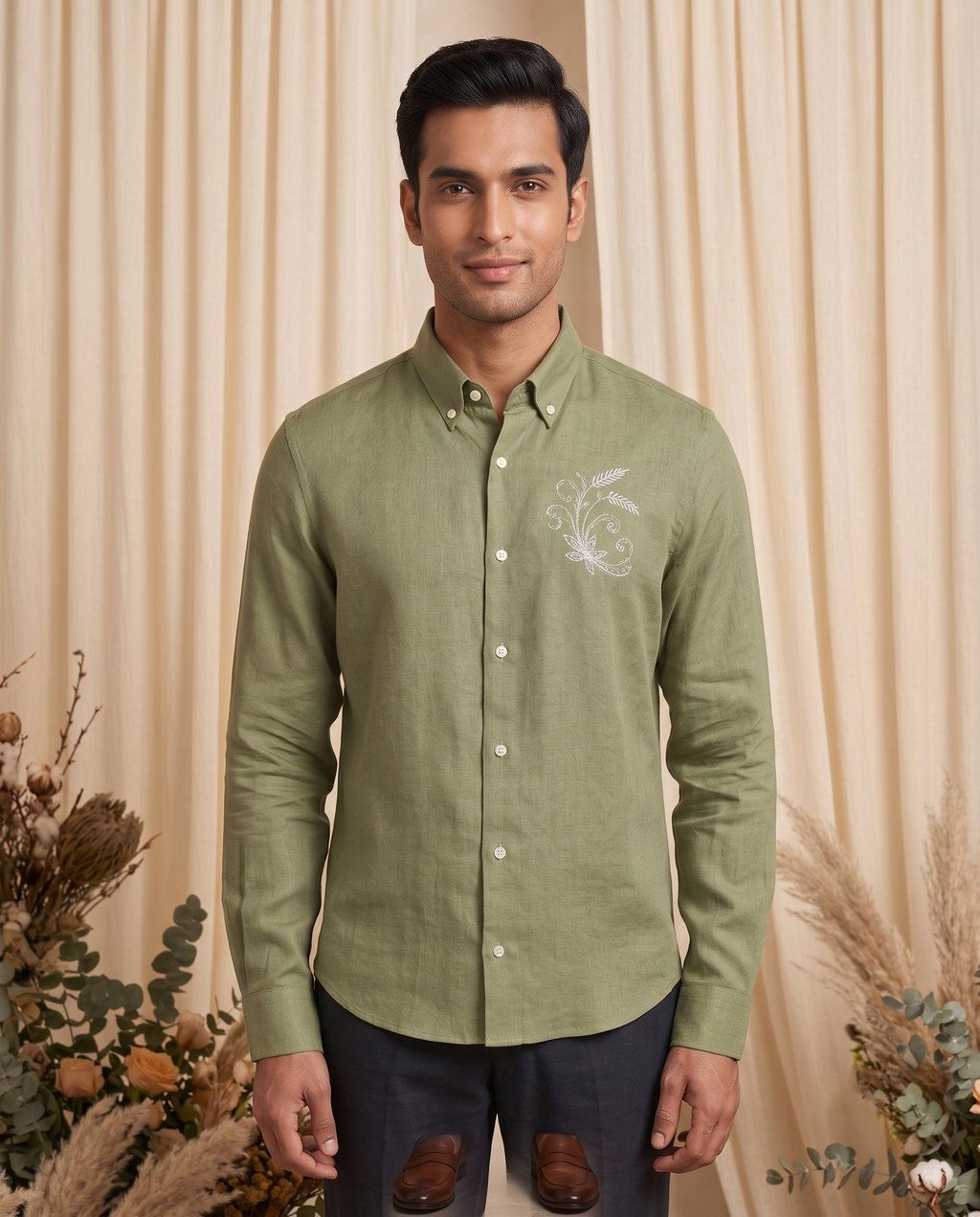 Men's Sage Green Embroidered Linen Full Sleeve Shirt