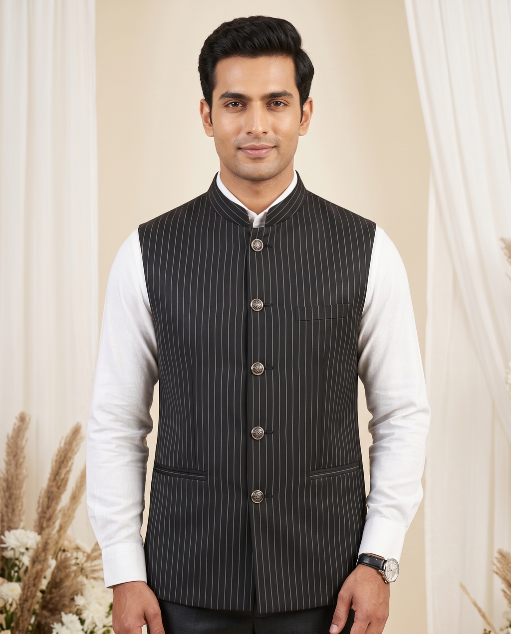Men's Pinstripe Nehru Jacket (Modi Coat) – Charcoal