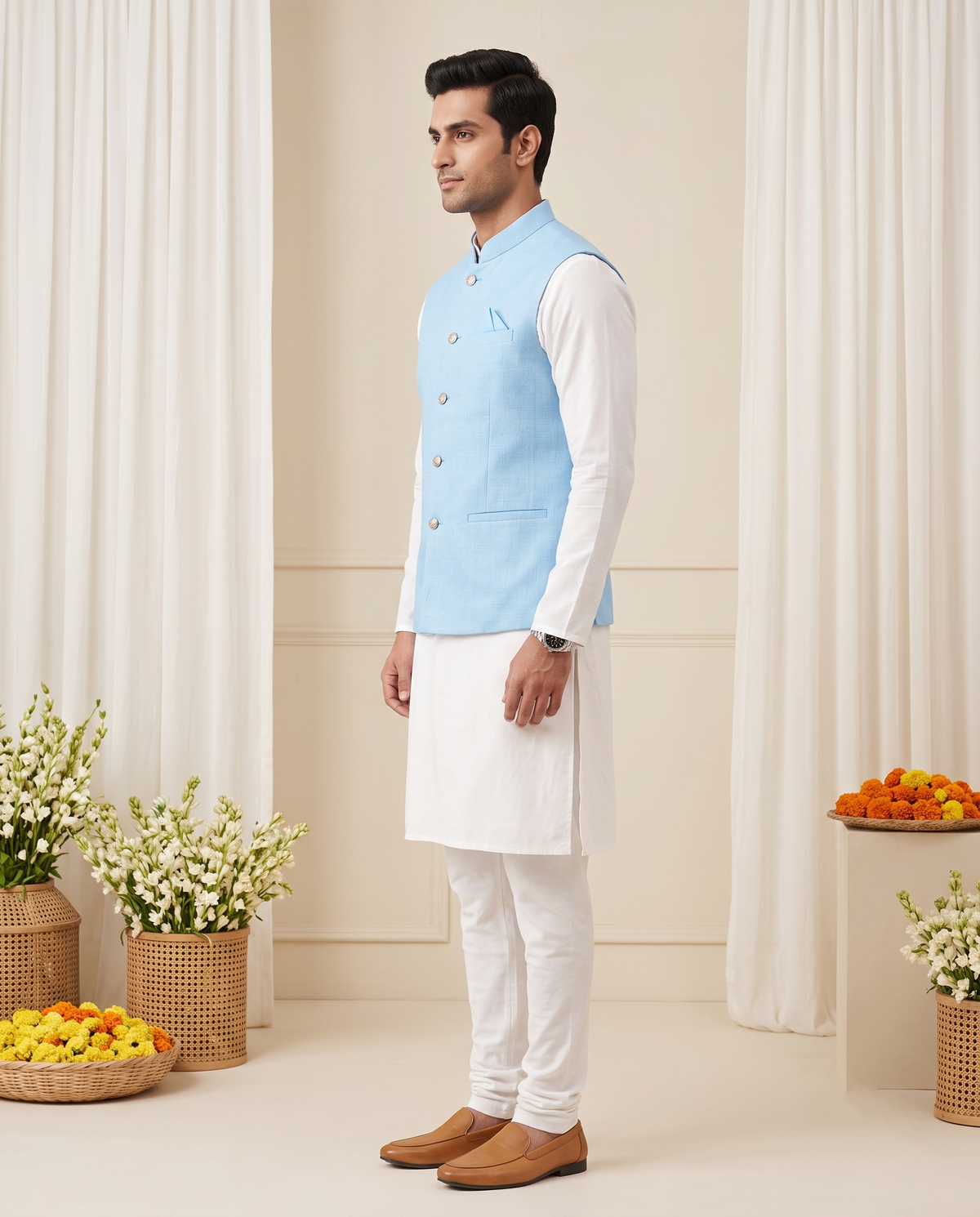 Men's Sky Blue Nehru Jacket (Modi Coat)