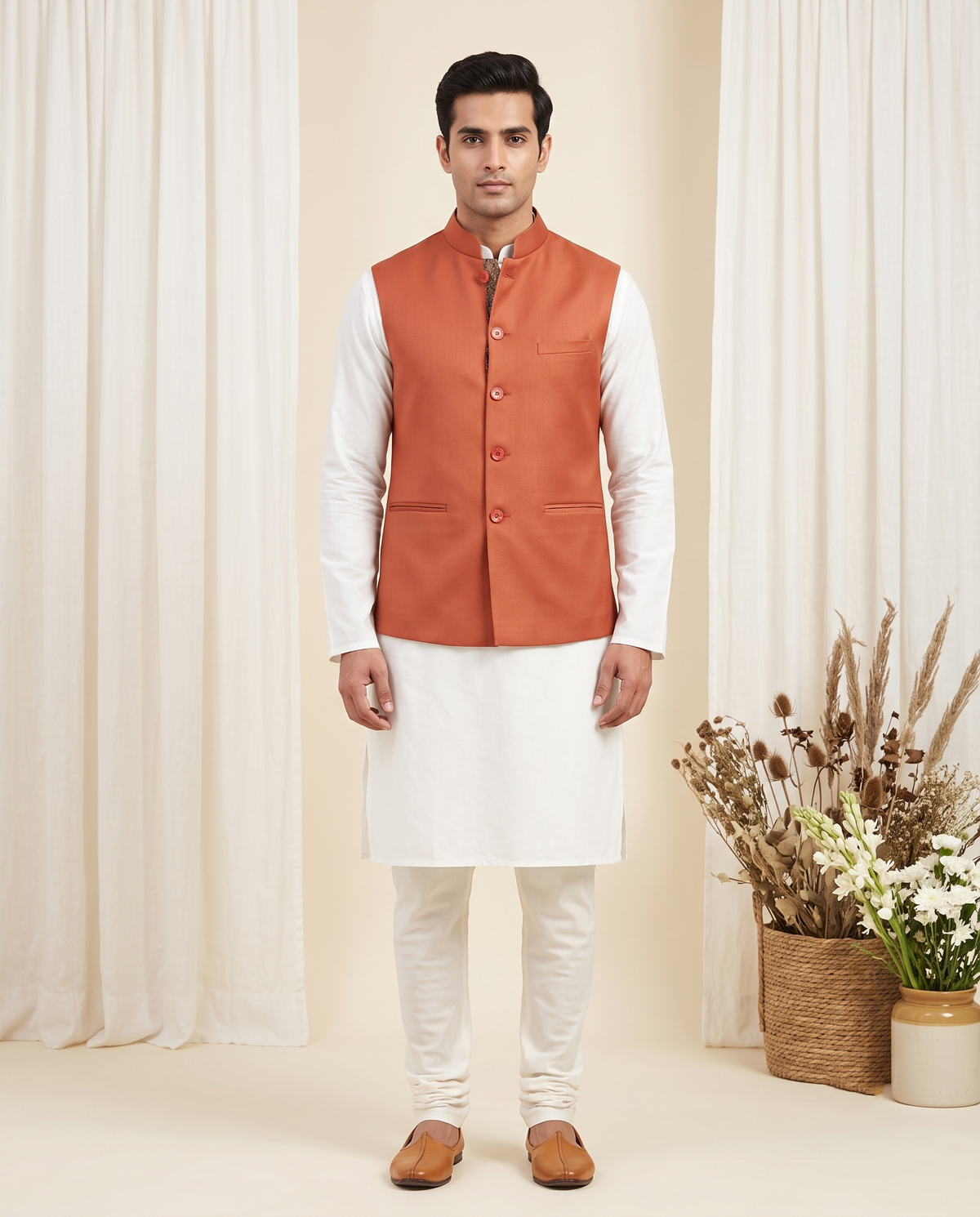 Men's Terracotta Nehru Jacket (Modi Coat) – Sleeveless Bandhgala for Men