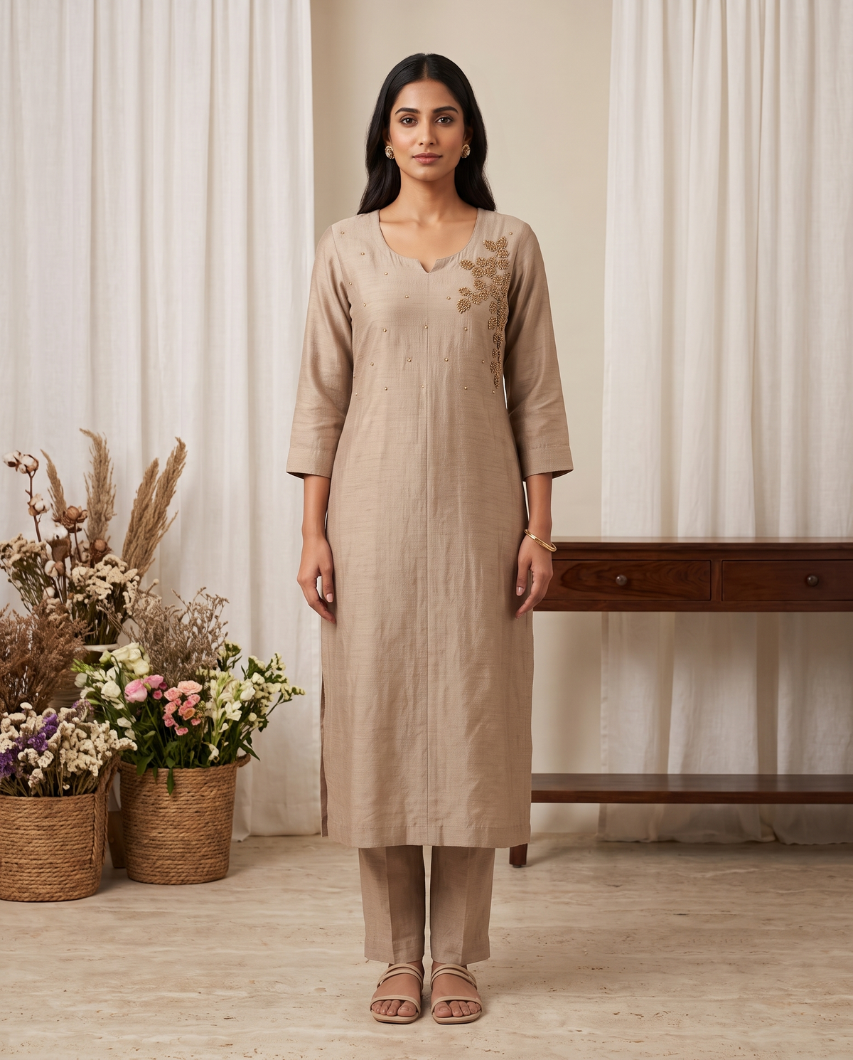 Sand Beige Hand-Embroidered Kurta Set