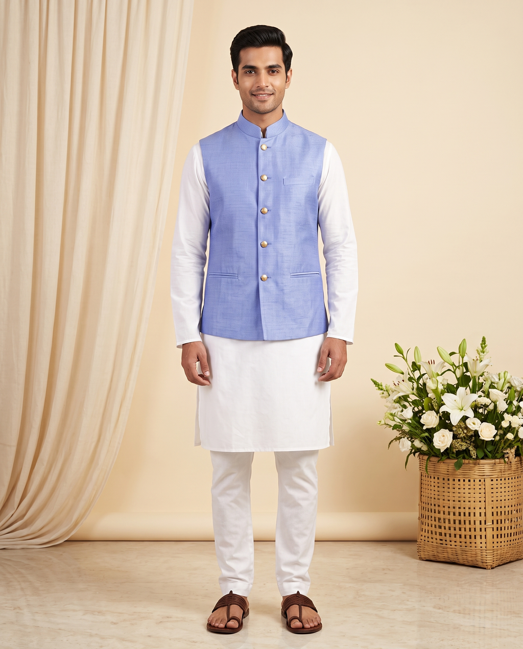 Men's Sky Blue Sleeveless Nehru Jacket (Modi Coat)