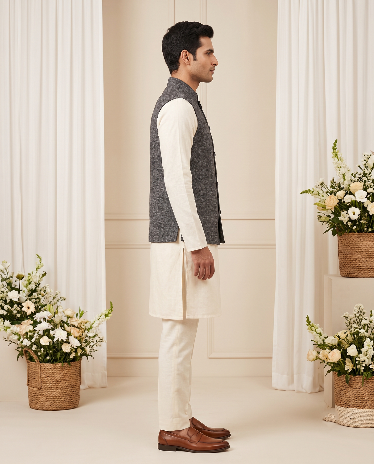 Men's Nehru Jacket (Modi Coat) – Grey Textured Linen Blend